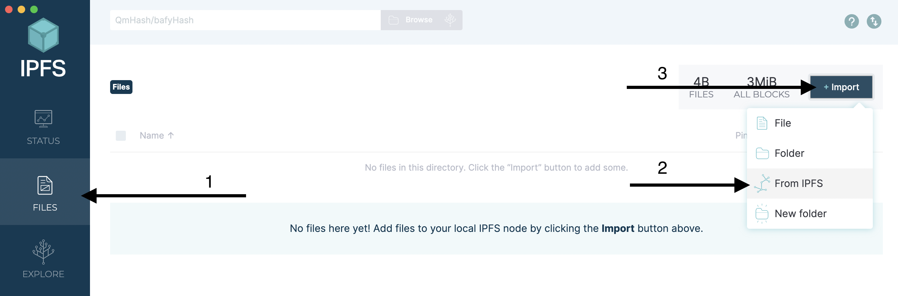 The steps to follow to import a file from IPFS