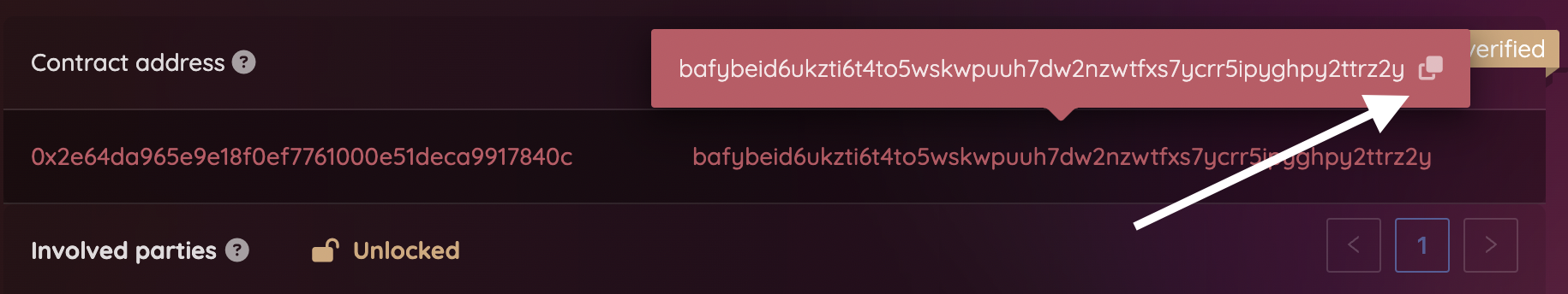 The IPFS CID showing in a popup from the promise